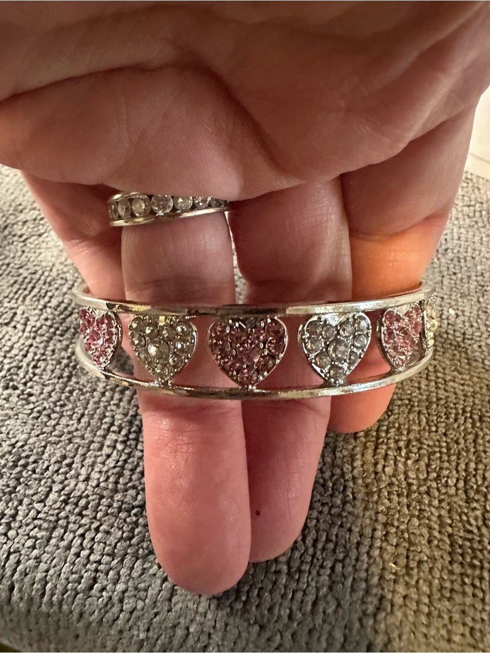 Silver-Tone Heart Crystal Bangle Bracelet with Pink and Clear Accents